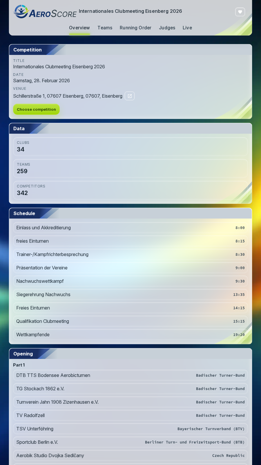 AeroScore-Online-Wettkampfübersicht auf einem Mobilgerät